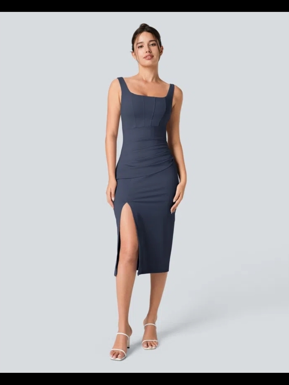 Halara SoftlyZero Airy Square Neck Backless Corset Ruched Split Bodycon Midi XL